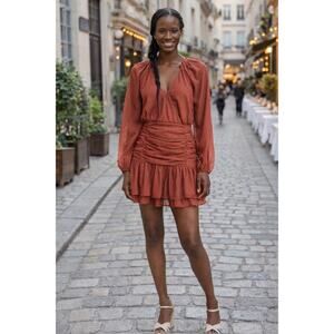 Floret Studios Swiss Dot Ruched Long Sleeve Minidress in Marsala Size M NWOT